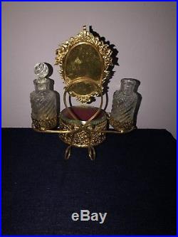 VINTAGE BEVELED GLASS ORMOLU PERFUME BOTTLE TRINKET CASKET BOX STAND WithMIRROR