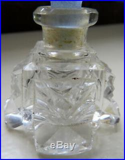 VINTAGE CZECH CUT GLASS Deco CUT CRYSTAL Perfume Bottle W INTAGLIO BLUE STOPPER