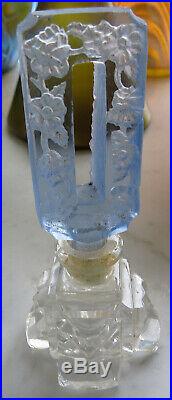 VINTAGE CZECH CUT GLASS Deco CUT CRYSTAL Perfume Bottle W INTAGLIO BLUE STOPPER