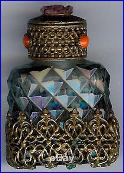 Vintage Czech Faceted Pink Green Glass & Flower Ornate Brass Perfume Bottle