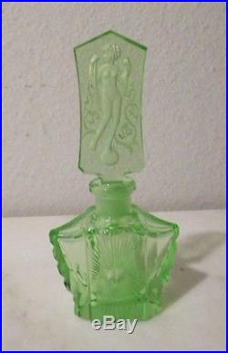 Vintage Czechoslovakia Green Crystal Perfume Bottle Nude Woman