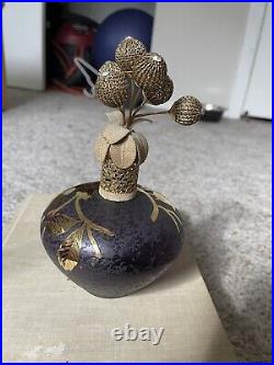 VINTAGE IRICE GLASS PERFUME BOTTLE With ORNATE GOLD GILT LEAVES