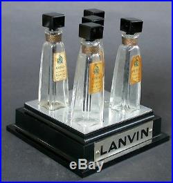VINTAGE LANVIN 5 BOTTLE SHOP TESTERS BAKELITE BASE GLASS DOBBERS FRANCE 1930's