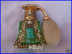 Vintage Signed Czech Enamel Jeweled Filigree Faux Jade Cut Glass Perfume Bottle