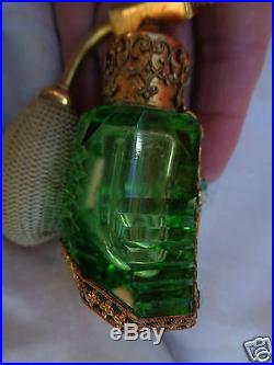 Vintage Signed Czech Enamel Jeweled Filigree Faux Jade Cut Glass Perfume Bottle