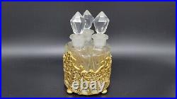 VINTAGE TRIPLE GLASS PERFUME BOTTLE SET with PAINTED METAL BASKET