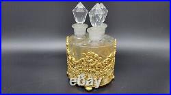 VINTAGE TRIPLE GLASS PERFUME BOTTLE SET with PAINTED METAL BASKET