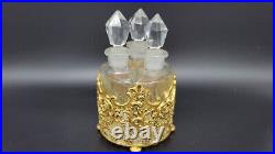 VINTAGE TRIPLE GLASS PERFUME BOTTLE SET with PAINTED METAL BASKET