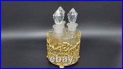 VINTAGE TRIPLE GLASS PERFUME BOTTLE SET with PAINTED METAL BASKET