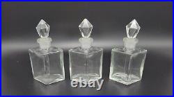 VINTAGE TRIPLE GLASS PERFUME BOTTLE SET with PAINTED METAL BASKET