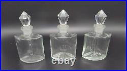 VINTAGE TRIPLE GLASS PERFUME BOTTLE SET with PAINTED METAL BASKET