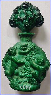 VIntage Czech Glass Perfume Bottle Art deco Cherubs Green 6.5 Tall Malachite