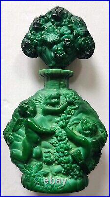 VIntage Czech Glass Perfume Bottle Art deco Cherubs Green 6.5 Tall Malachite