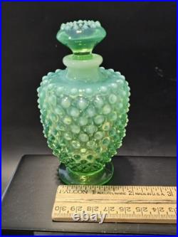 VNTG Fenton Green Opalescencet Uranium Opalescent Hobnail Glass Perfume Bottle