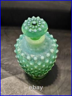 VNTG Fenton Green Opalescencet Uranium Opalescent Hobnail Glass Perfume Bottle