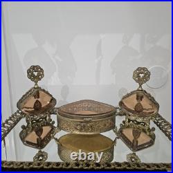 VTG 3 Pcs-Vanity Set, 2 Ornate Perfume Bottles & Rare Coffin Trinket Jewlery Box