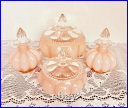 VTG 40s Fenton Pink Overlay Melon Vanity Set Perfume & Powder Jars withLids