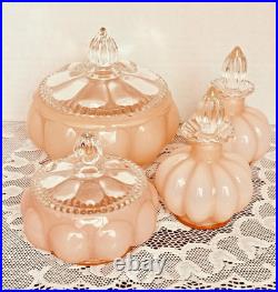 VTG 40s Fenton Pink Overlay Melon Vanity Set Perfume & Powder Jars withLids