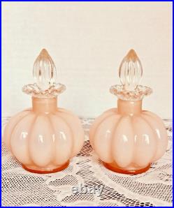 VTG 40s Fenton Pink Overlay Melon Vanity Set Perfume & Powder Jars withLids