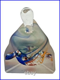 VTG Art Glass Blue Purple Yellow Frosted Triangular Perfume Bottle Paperweight