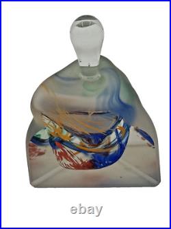 VTG Art Glass Blue Purple Yellow Frosted Triangular Perfume Bottle Paperweight