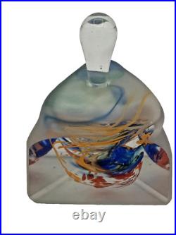 VTG Art Glass Blue Purple Yellow Frosted Triangular Perfume Bottle Paperweight