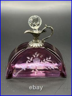 VTG Cristallo E Argento Purple Etched Italy Perfume Bottle SILVER Top withStopper