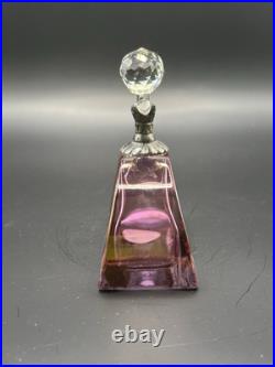 VTG Cristallo E Argento Purple Etched Italy Perfume Bottle SILVER Top withStopper