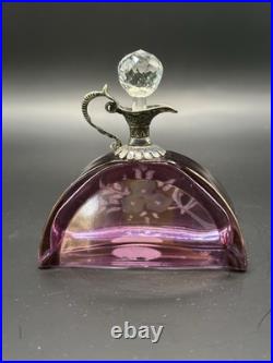 VTG Cristallo E Argento Purple Etched Italy Perfume Bottle SILVER Top withStopper