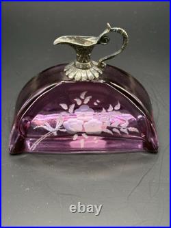 VTG Cristallo E Argento Purple Etched Italy Perfume Bottle SILVER Top withStopper