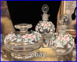 VTG Czechoslovakia Vanity Set 2 Perfume Bottle Powder Jar Hand Paint Roses Gold