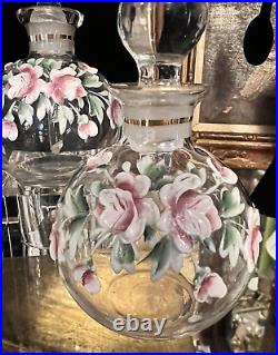 VTG Czechoslovakia Vanity Set 2 Perfume Bottle Powder Jar Hand Paint Roses Gold