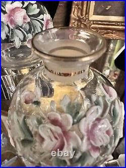 VTG Czechoslovakia Vanity Set 2 Perfume Bottle Powder Jar Hand Paint Roses Gold