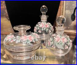 VTG Czechoslovakia Vanity Set 2 Perfume Bottle Powder Jar Hand Paint Roses Gold