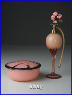 VTG DeVilbiss Pink Atomizer Perfume Bottle & Art Deco Style Lidded Powder Box