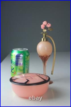 VTG DeVilbiss Pink Atomizer Perfume Bottle & Art Deco Style Lidded Powder Box VTG DeVilbiss Pink Atomizer Perfume Bottle & Art Deco Style Lidded Powder Box