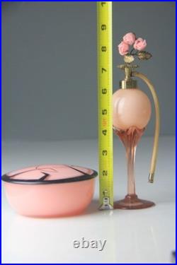 VTG DeVilbiss Pink Atomizer Perfume Bottle & Art Deco Style Lidded Powder Box VTG DeVilbiss Pink Atomizer Perfume Bottle & Art Deco Style Lidded Powder Box