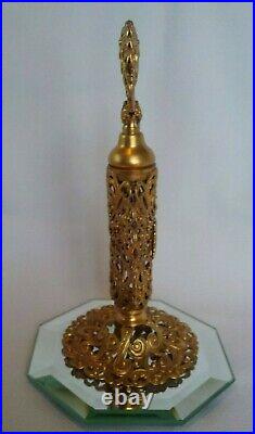 VTG Gold Gilt Ormolu Filigree Perfume Bottle WithFinial Glass Dauber & Roses Cameo