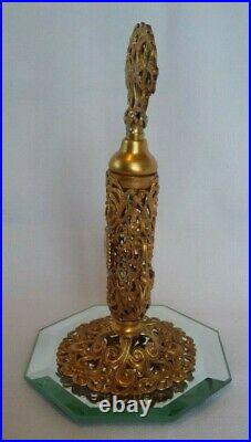 VTG Gold Gilt Ormolu Filigree Perfume Bottle WithFinial Glass Dauber & Roses Cameo
