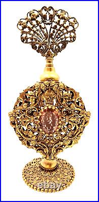 VTG Gold Gilt Ormolu Filigree Perfume Bottle with Glass Dauber & Giant Pink Jewel