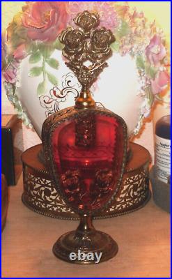 VTG Gold Gilt Rose Ormolu Filigree Metal Amber Beveled Glass Perfume Bottle
