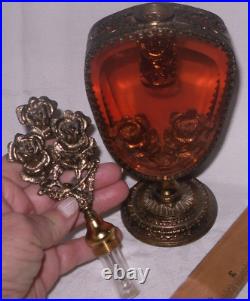 VTG Gold Gilt Rose Ormolu Filigree Metal Amber Beveled Glass Perfume Bottle