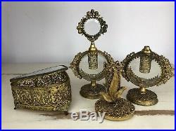 VTG Gold Tone Filigree Ormolu Lot Trinket Box Perfume Bottles Candle Holder Set