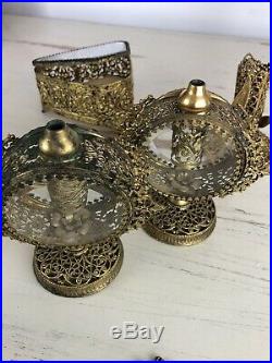 VTG Gold Tone Filigree Ormolu Lot Trinket Box Perfume Bottles Candle Holder Set