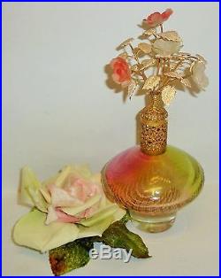 Vtg Irice Pink Roses Rainbow Blown Glass Gold Filigree Top Perfume Bottle
