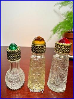 VTG Irice Cut Glass Mini Perfume Bottles Jewel Tops Ruby Emerald Citrine Deco VTG Irice Cut Glass Mini Perfume Bottles Jewel Tops Ruby Emerald Citrine Deco