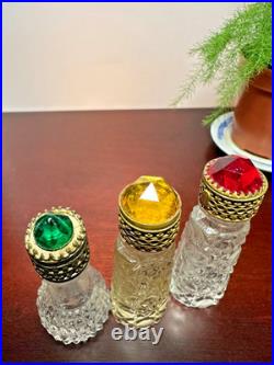 VTG Irice Cut Glass Mini Perfume Bottles Jewel Tops Ruby Emerald Citrine Deco VTG Irice Cut Glass Mini Perfume Bottles Jewel Tops Ruby Emerald Citrine Deco