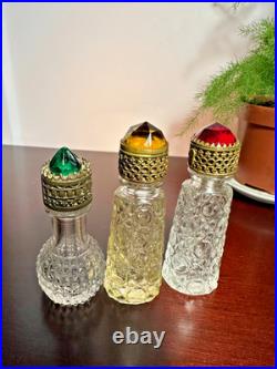VTG Irice Cut Glass Mini Perfume Bottles Jewel Tops Ruby Emerald Citrine Deco VTG Irice Cut Glass Mini Perfume Bottles Jewel Tops Ruby Emerald Citrine Deco