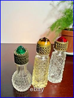 VTG Irice Cut Glass Mini Perfume Bottles Jewel Tops Ruby Emerald Citrine Deco VTG Irice Cut Glass Mini Perfume Bottles Jewel Tops Ruby Emerald Citrine Deco