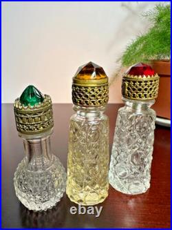 VTG Irice Cut Glass Mini Perfume Bottles Jewel Tops Ruby Emerald Citrine Deco VTG Irice Cut Glass Mini Perfume Bottles Jewel Tops Ruby Emerald Citrine Deco